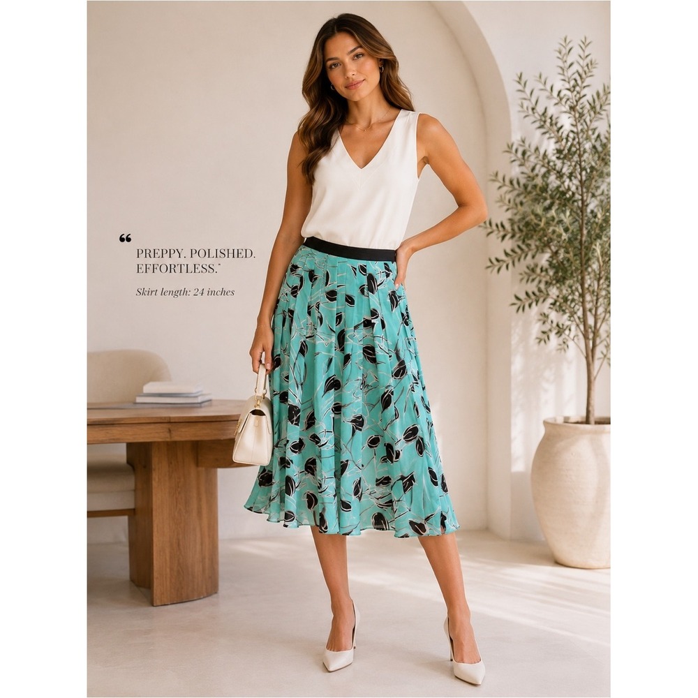 Alfani Silk Pleated Midi Skirt Womens 12 Teal Black Floral Print A-Line Zip